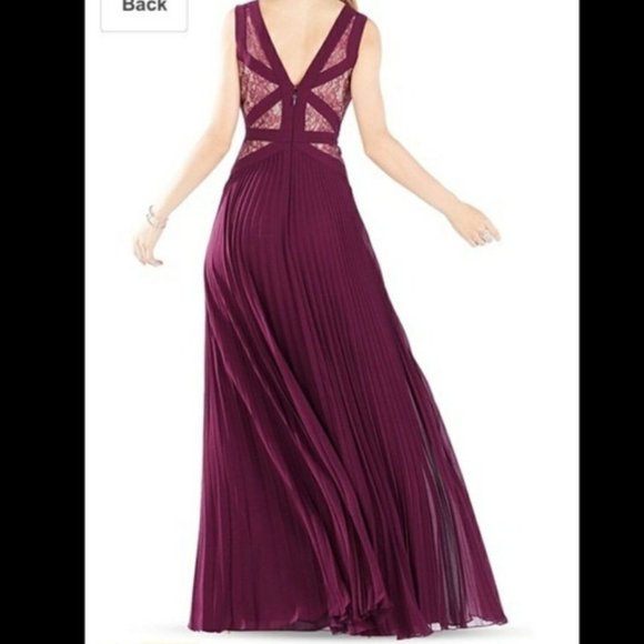 BCBG MAXAZRIA Dress Evonne Lace Blocked Pleated Gown Deep Port Wine Size 6 - Picture 2 of 8